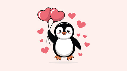 Adorable Cartoon Penguin Holding Heart Balloons