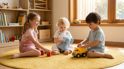 Happy diverse children, a girl and two boys, playing together with toys on a yellow rug in a sunlit room with wooden bookshelves.