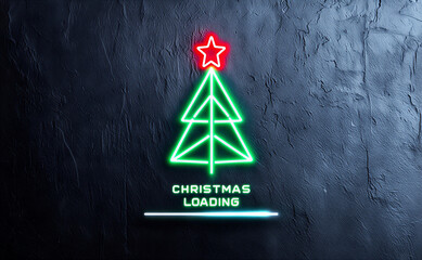 christmas tree on red and green neon  background. Christmas Loading Minimal Concept - Tree And Candy Canes On Dark Background  
