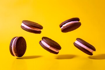 Chocolate Sandwich Cookies on Yellow Background