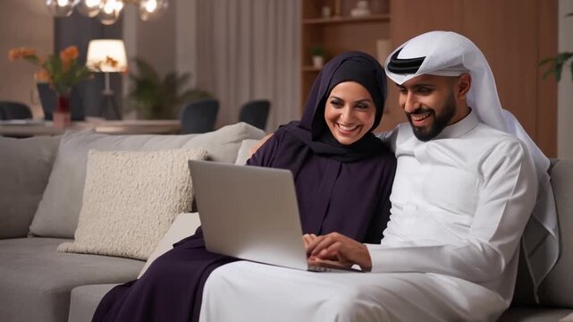 A happy couple smiles as they look at their laptop together on a couch, relaxing at home Stock Video