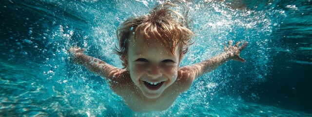 Joyful Boy Performing Underwater Handstand While Laughing in Clear Blue Water