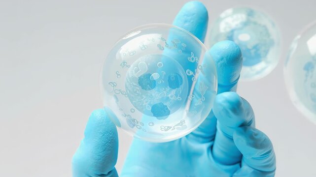 Gloved hand holds a transparent round dish containing suspended blue cell-like models against a soft neutral background with subtle bokeh and ample empty space available for text and scientific design