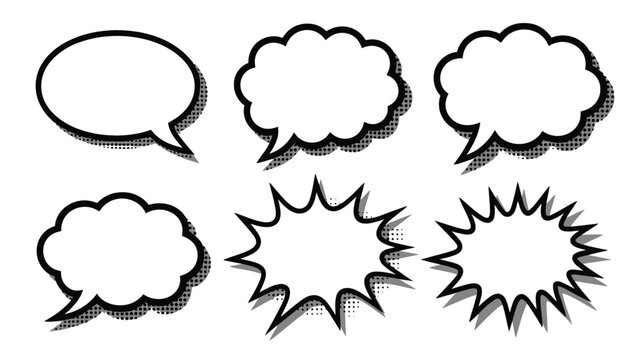 Comic book speech bubbles and thought clouds in black and white