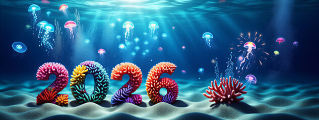 coral reef in aquarium. 2026 New Year Celebration - Wooden Number Blocks And Fireworks At Blue Eve Night With Abstract Defocused Lights 