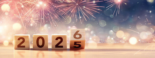2026 New Year Celebration - Wooden Number Blocks And Fireworks At Blue Eve Night With Abstract Defocused Lights 
