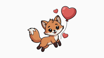Cute Cartoon Fox Floating with Heart Balloon