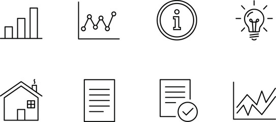 Business analytics line icons illustrating growth data information reports innovation insights and performance charts for digital platforms dashboards