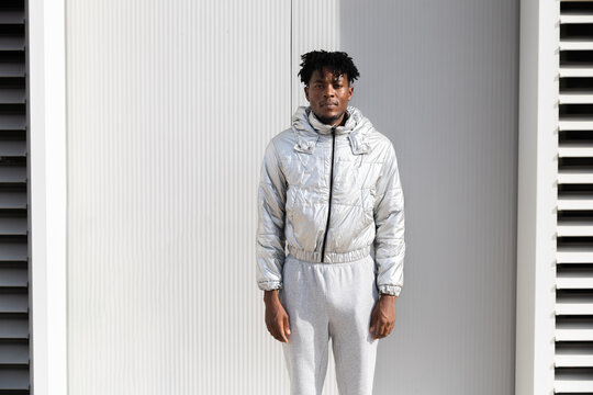 Futuristic urban style with reflective silver jacket