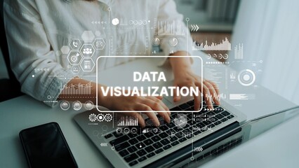 Hands Typing on Laptop with Data Visualization Graphics Overlaid for Business Analytics and Insights Understanding. Asymptotic smart data analytic.