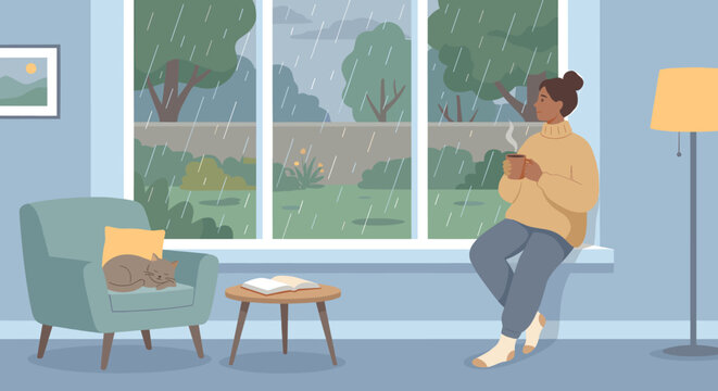 A cozy indoor scene with a woman enjoying a hot drink by the window while it rains outside, a cat sleeps on an armchair.