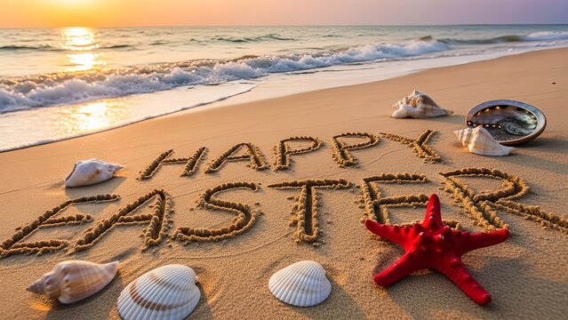 Happy Easter message on a serene beach at sunset with seashells