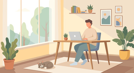 A man working remotely on a laptop at a desk in a bright, modern home office with plants and a sleeping cat.