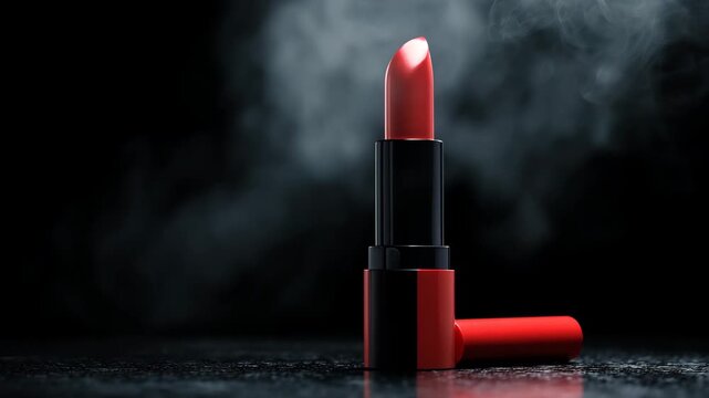Ultra HD Red lipstick in black case with dramatic smoke and wet surface background video