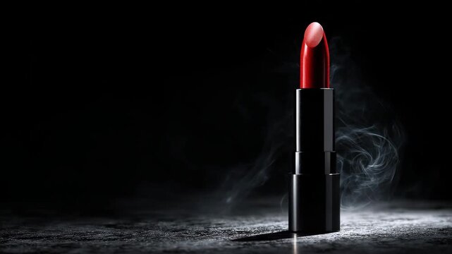 Ultra HD Dramatic red lipstick in black case with smoke on dark textured surface video