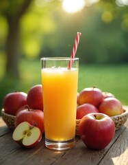 Fototapeta premium Glass of fresh apple juice with red apples on wooden table in sunny garden. Ripe fruits and cold drink for healthy summer refreshment. Natural beverage on grass.