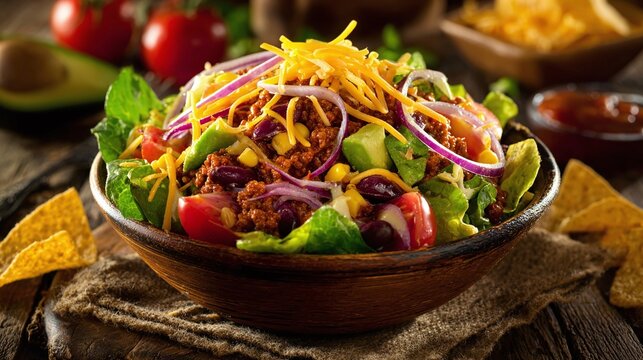 Delight in a vibrant taco salad, a delicious and nutritious meal bursting with fresh ingredients and savory flavors. A culinary fusion of textures and colors on your plate.