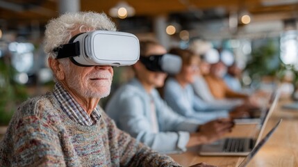 Diverse people learn using modern technology like laptops, tablets, and vr headsets in bright modern environment, concept of lifelong learning