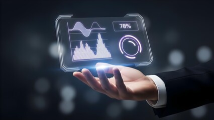 Hand holding hologram business data analytics graph