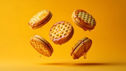 Floating Waffle Sandwich Cookies on Yellow Background