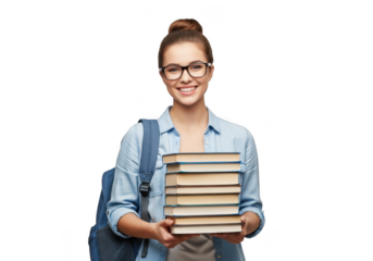 Smiling student holding books isolated on transparent background