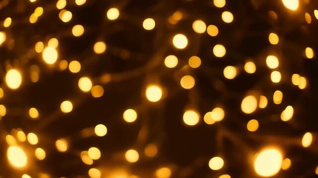 Golden bokeh lights shining brightly in dark background