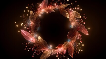 Circular Christmas wreath made of glowing data strands and neon leaves with holographic ornaments and elegant red-gold festive lighting