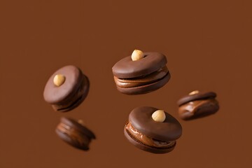 Chocolate-Coated Sandwich Cookies on Brown Background
