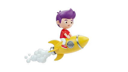 Boy Riding Rocket Ship, Flying in Space