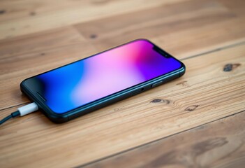 Sleek black smartphone on wooden table, charging cable visible,  modern,  interface