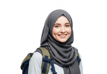 Smiling young woman wearing hijab and backpack isolated on transparent background