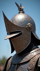 Ornate historical helmet with intricate metalwork detail worn by warrior at outdoor reenactment event. Close up view of armor under clear blue sky with sun.