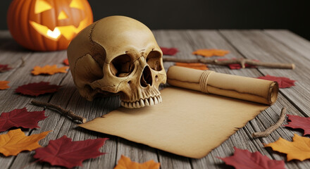 Spooky Halloween background with a human skull and an empty parchment scroll. A glowing jack-o'-lantern pumpkin and autumn leaves on a rustic wooden table. Holiday concept with copy space for text