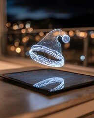 Cyber hologram Santa hat with glowing neon edges floating above a reflective glass surface in a futuristic holiday style
