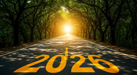 New year 2025 road tunnel with sunlight and trees ahead