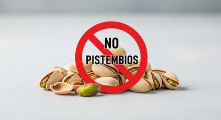 No pistachios prohibition sign over a pile of nuts. Food allergy, intolerance, and dietary restriction warning concept