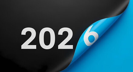 Black and blue calendar page with 2026 date on a curled corner background