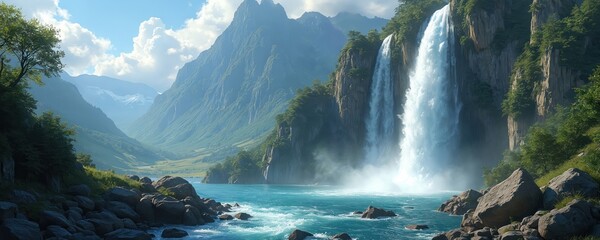 Massive waterfall cascades down rugged cliffs into bright turquoise water. Rich green mountains surround the powerful river and rocky shore. Scenic natural landscape under blue sky.