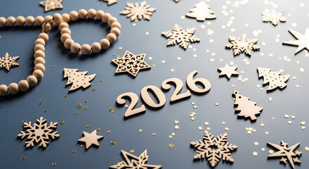 New years 2026 celebration with wooden snowflakes and decorations on blue background
