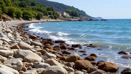 A tranquil beach scene with rocky shoreline, ocean waves crashing onto the rocks, and a calm body of water extending towards a town in the distance