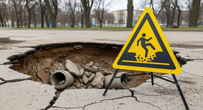 Deep pothole on cracked asphalt road with yellow warning sign. Dangerous sinkhole exposing sewer pipes in city street. Road repair and maintenance concept