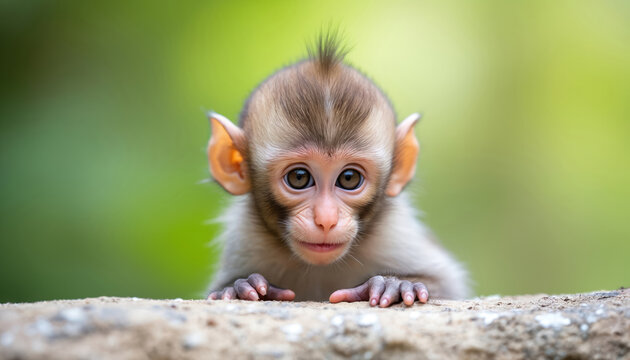 Small baby monkey peeks over ledge with big curious eyes. Cute primate has soft fur and alert ears. It looks adorable in natural green blur background.
