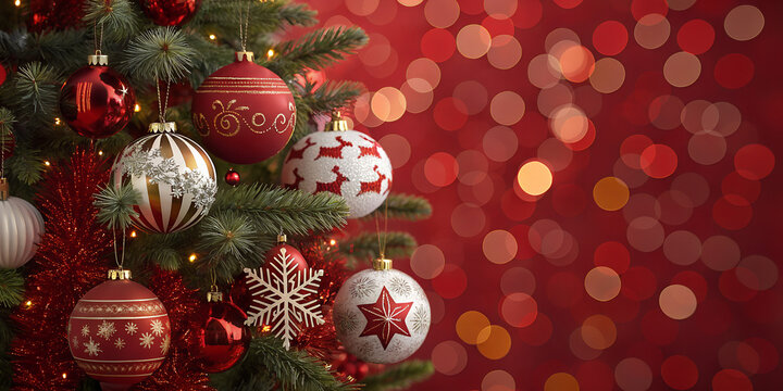 Christmas Tree With Ornament And Bokeh Lights In Red Background