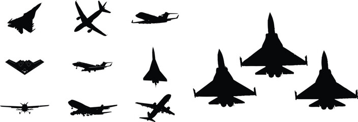 Silhouette of various aircrafts in flight different angles and positions