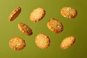 Floating Seeded Crackers on Green Background