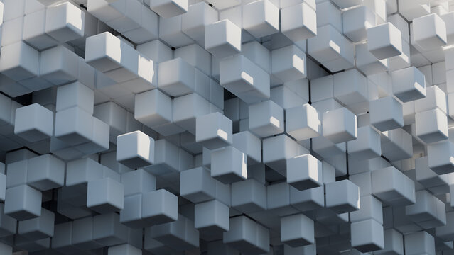 3D render of abstract white cubes forming a flowing wave pattern with soft lighting for modern design projects