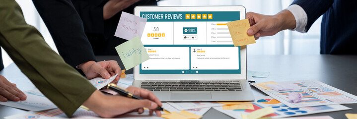 Analyst team use sticky note for creative and analytic brainstorm for business idea with BI data dashboard on laptop screen. Analysis financial data visualization tech for marketing strategy. Prodigy