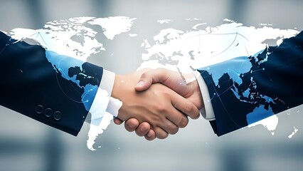 A successful global business partnership agreement symbolized by a handshake over a world map
