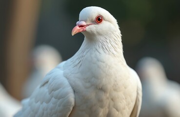 Obraz premium White pigeon with bright red eyes looks forward. Its white feathers are fluffy and detailed. Other white pigeons are blurred in background. Bird sits on branch.