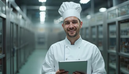 Male chef in uniform holds tablet computer in industrial kitchen. Man works in food production facility, checks equipment, manages operations. Professional culinary worker smiles at camera.